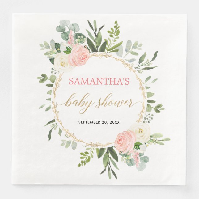 Serviette En Papier Vert blanc rose vif or floral élégant (Devant)