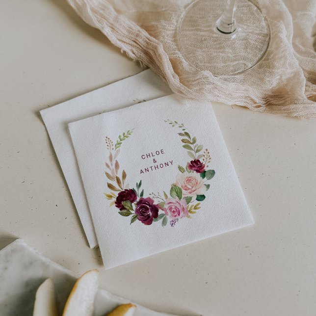 Serviette En Papier Vert Broussailleux Bourgogne Floral Mariage Napkin (Créateur téléchargé)