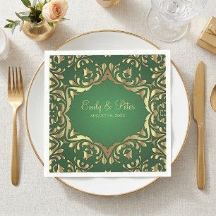 Serviette En Papier Vert émeraude Faux Or Orné Damassé Mariage