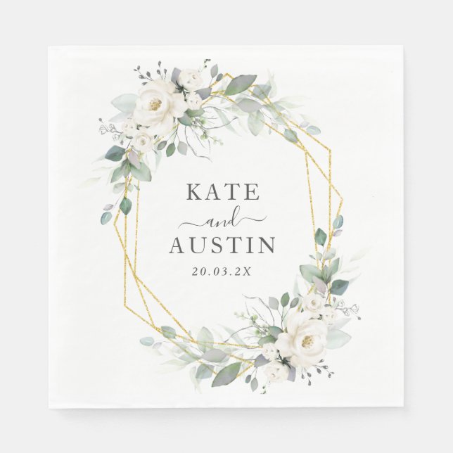 Serviette En Papier vert et or floral géométrique mariage (Devant)