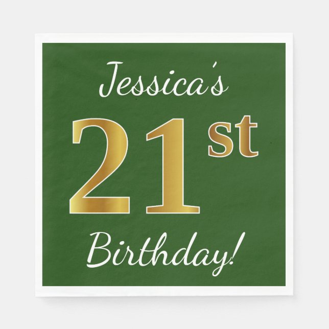 Serviette En Papier Vert, Faux Gold 21e anniversaire + Nom personnalis (Devant)