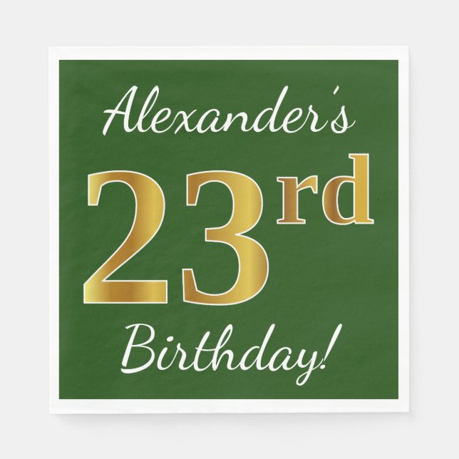 Serviette En Papier Vert, Faux Gold 23ème anniversaire + Nom personnal (Devant)