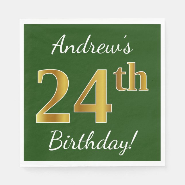 Serviette En Papier Vert, Faux Gold 24e anniversaire + Nom personnalis (Devant)