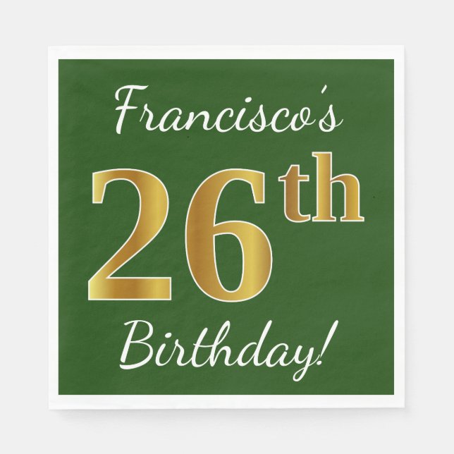 Serviette En Papier Vert, Faux Gold 26e anniversaire + Nom personnalis (Devant)