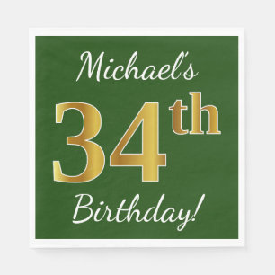 Serviette En Papier Vert, Faux Gold 34e anniversaire + Nom personnalis