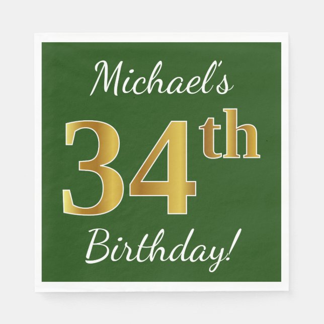 Serviette En Papier Vert, Faux Gold 34e anniversaire + Nom personnalis (Devant)