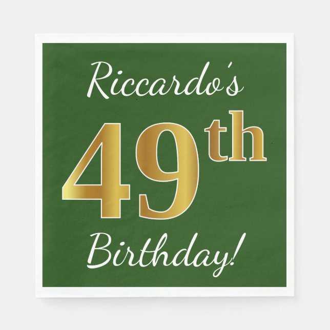 Serviette En Papier Vert, Faux Gold 49e anniversaire + Nom personnalis (Devant)