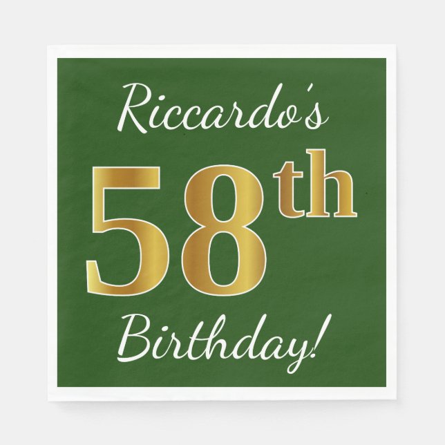 Serviette En Papier Vert, Faux Gold 58e anniversaire + Nom personnalis (Devant)