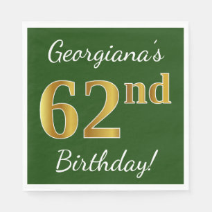 Serviette En Papier Vert, Faux Gold 62e anniversaire + Nom personnalis