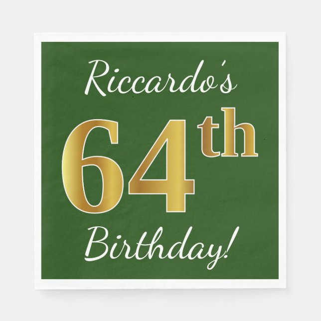 Serviette En Papier Vert, Faux Gold 64e anniversaire + Nom personnalis (Devant)