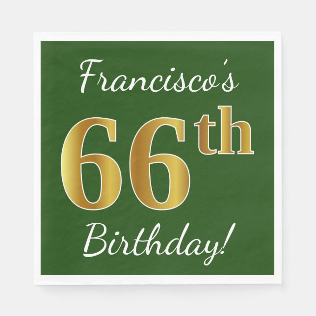 Serviette En Papier Vert, Faux Gold 66e anniversaire + Nom personnalis (Devant)
