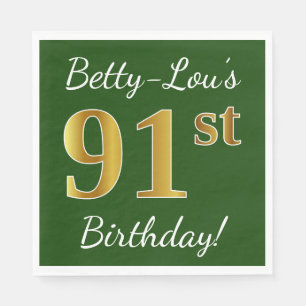 Serviette En Papier Vert, Faux Gold 91ème anniversaire + Nom personnal