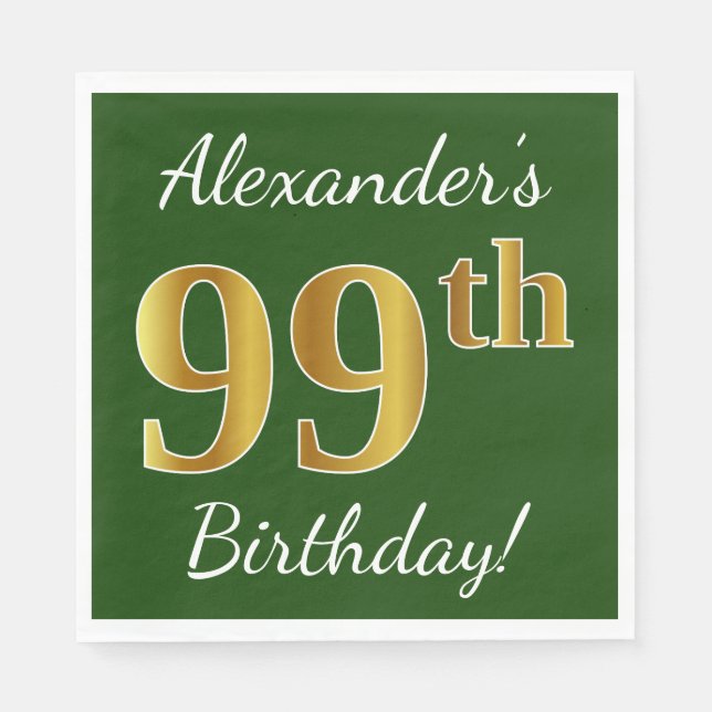 Serviette En Papier Vert, Faux Gold 99e anniversaire + Nom personnalis (Devant)