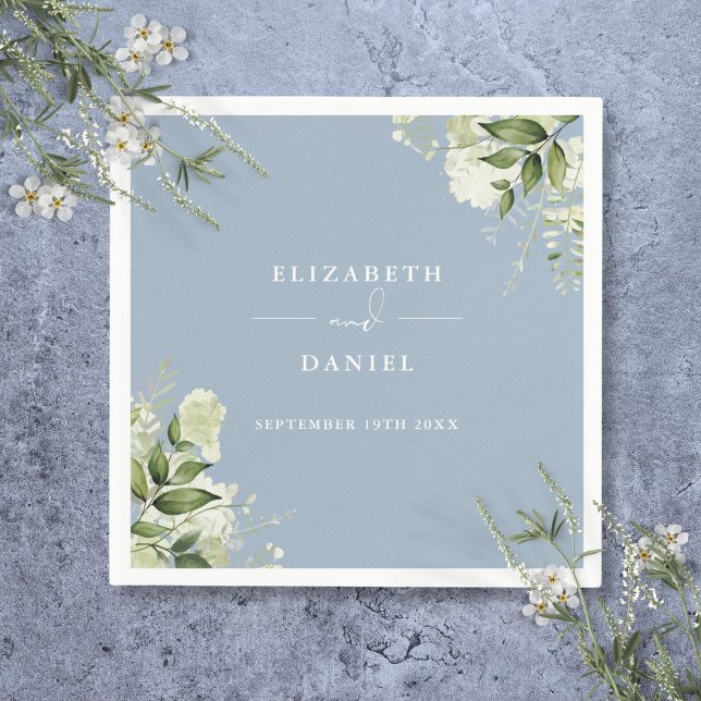 Serviette En Papier Vert Floral Élégant Dusty Blue Mariage (Greenery Floral Elegant Dusty Blue Wedding Napkins)