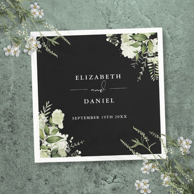 Serviette En Papier Vert Floral Élégant Mariage noir et blanc (Greenery Floral Elegant Black And White Wedding Napkins)