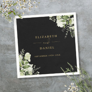 Serviette En Papier Vert Floral Élégant Mariage Noir Et Or