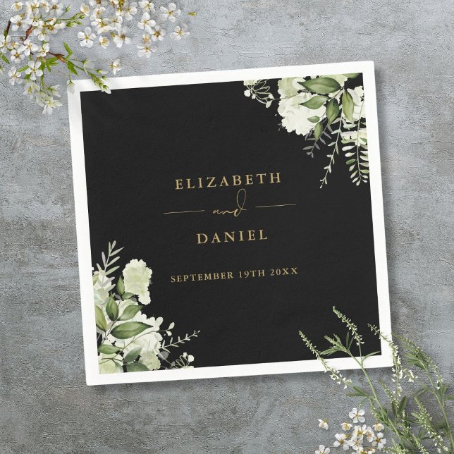 Serviette En Papier Vert Floral Élégant Mariage Noir Et Or (Greenery Floral Elegant Black And Gold Wedding Napkins)