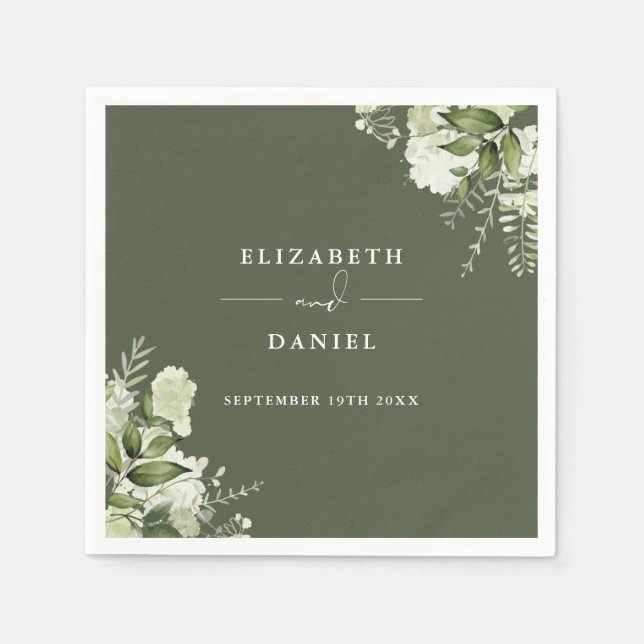 Serviette En Papier Vert Floral Élégant Olive Vert Mariage (Devant)