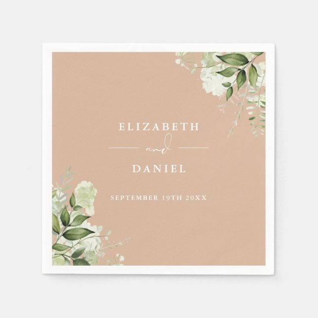 Serviette En Papier Vert Floral Élégant Tan Mariage (Devant)