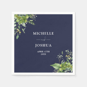 Serviette En Papier Vert Floral Moderne Marine Mariage bleu