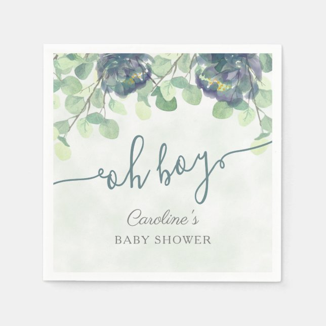 Serviette En Papier Vert moderne Oh Boy Blue Baby shower Floral (Devant)