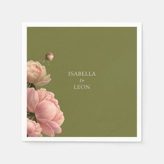 Serviette En Papier Vert olive et Mariage Rose Mariage (Devant)