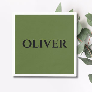 Serviette En Papier Vert olive et nom noir minimaliste
