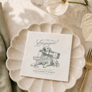 Serviette En Papier Vert sauge Golden Retriever Champagne Fiançailles