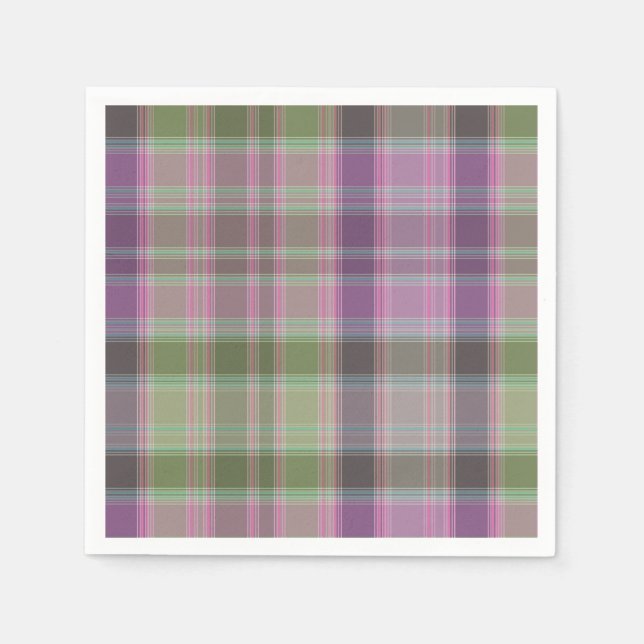 Serviette En Papier Vert, tartan classique lilas. (Devant)