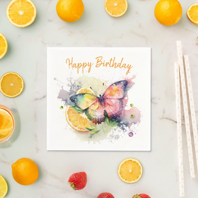 Serviette En Papier Vibes d'été Aquarelle papillon - Joyeux anniversai (Créateur téléchargé)