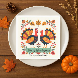 Serviette En Papier Vibrant Art Folk Turkeys Fall Feuilles Thanksgivin