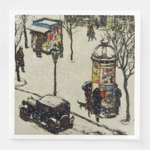 Serviette En Papier Vieille Rue Scène Antique Car Magasins en Neige