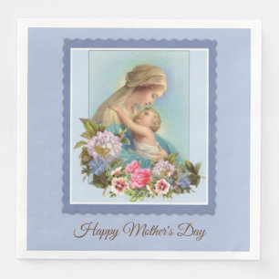 Serviette En Papier Vierge Marie Enfant Jésus Rose Fleurs Bleues Mère
