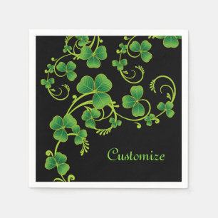 Serviette En Papier Vignes de shamrock vertes et serviettes noires