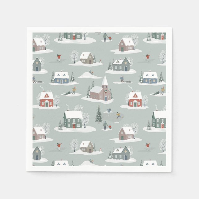 Serviette En Papier Village d'hiver Motif de la scène de neige (Devant)