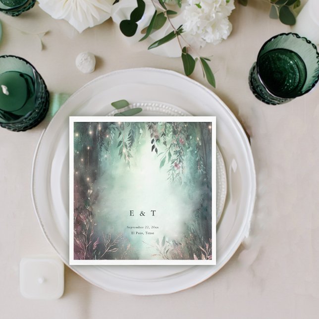 Serviette En Papier Vins de forêt enchantés Gold Mauve Mariage magique (enchanted forest wedding napkin modern elegant romantic watercolor gold vines emerald mauve)