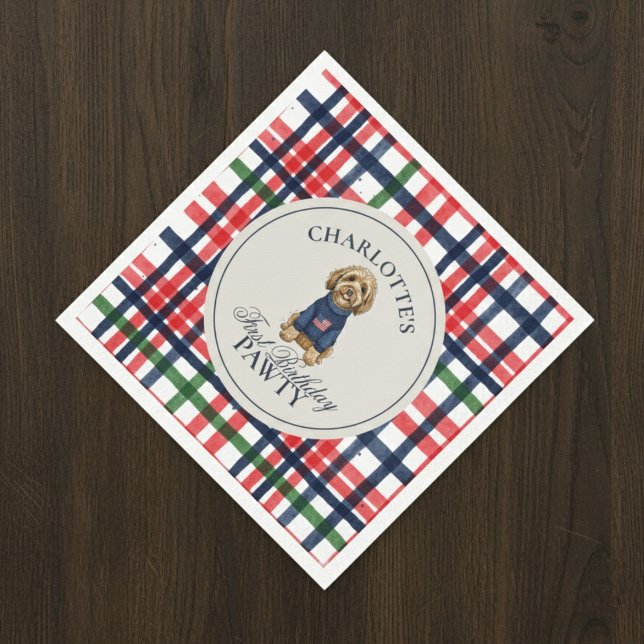 Serviette En Papier Vintage Americana Plaid Doodle Chien Premier anniv (Celebrate your little one’s special day with this Vintage Americana Plaid Doodle Dog napkin!)