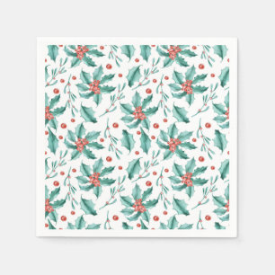 Serviette En Papier Vintage Aquarelle Holly Motif Noël