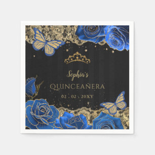 Serviette En Papier Vintage Bleu Roses Noir Or dentelle Quinceañera