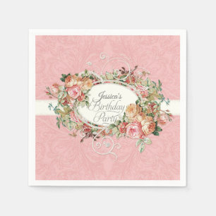 Serviette En Papier Vintage Blush Floral Roses w Script fête d'anniver