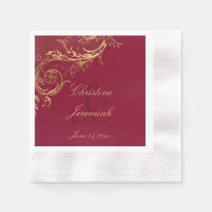Serviette En Papier Vintage Burgundy Gold Floral Damask Script Mariage