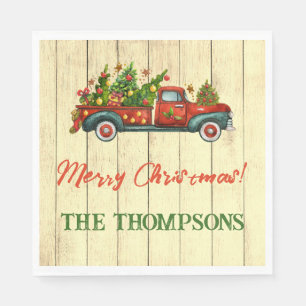 Serviette En Papier Vintage Camion Rouge Joyeux Arbre de Noël Salutati