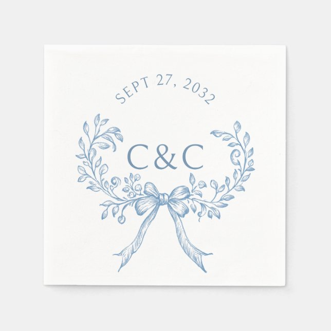 Serviette En Papier Vintage Dusty Blue Floral Coquette Monogramme (Devant)