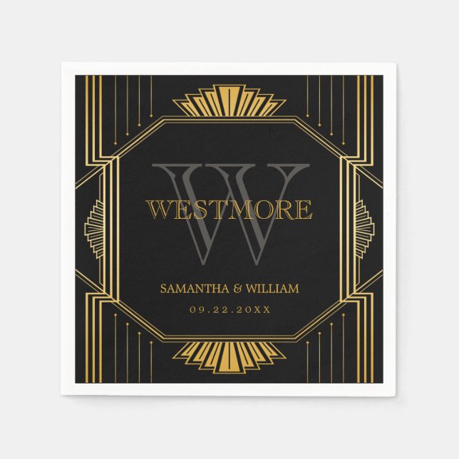 Serviette En Papier Vintage élégant Art Déco Black Gold Mariage (Devant)