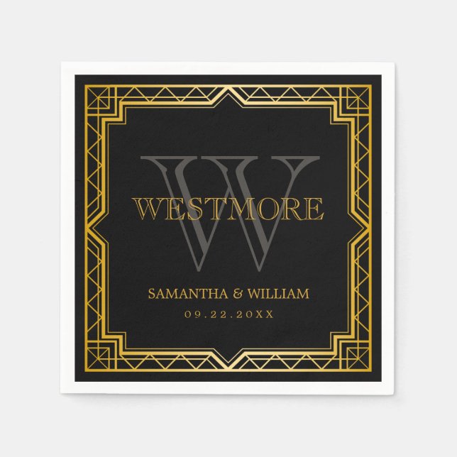 Serviette En Papier Vintage élégant Art Déco Black Gold Mariage (Devant)