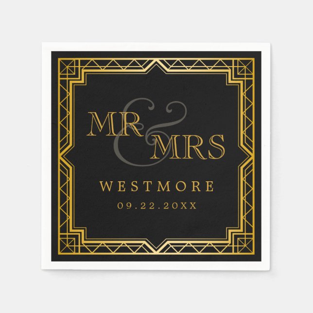 Serviette En Papier Vintage élégant Art Déco Black Gold Mariage (Devant)