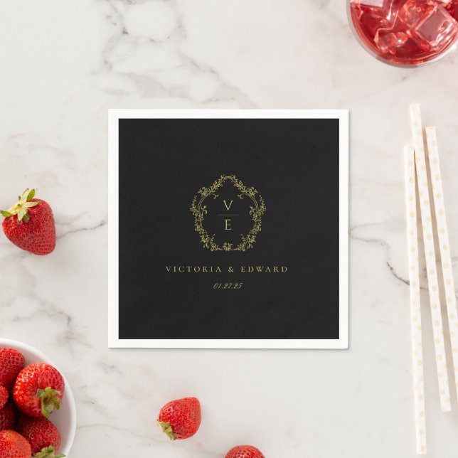 Serviette En Papier Vintage Gold Crest Monogramme Mariage noir (En situation)
