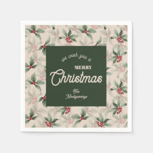 Serviette En Papier Vintage Holly et Berries Joyeux Noël