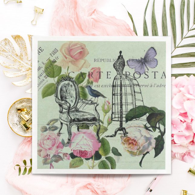 Serviette En Papier Vintage Monnaie French Rose Paris (Vintage Mint French Pink Rose Paris Party Paper Dinner Napkins)