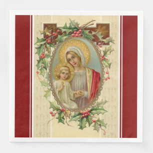 Serviette En Papier Vintage Noël Vierge Marie Bébé Jésus Holly Ivy